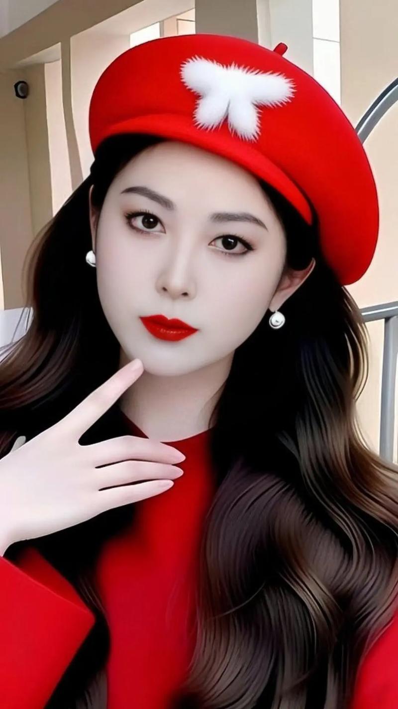 一个女带着红帽子抖音