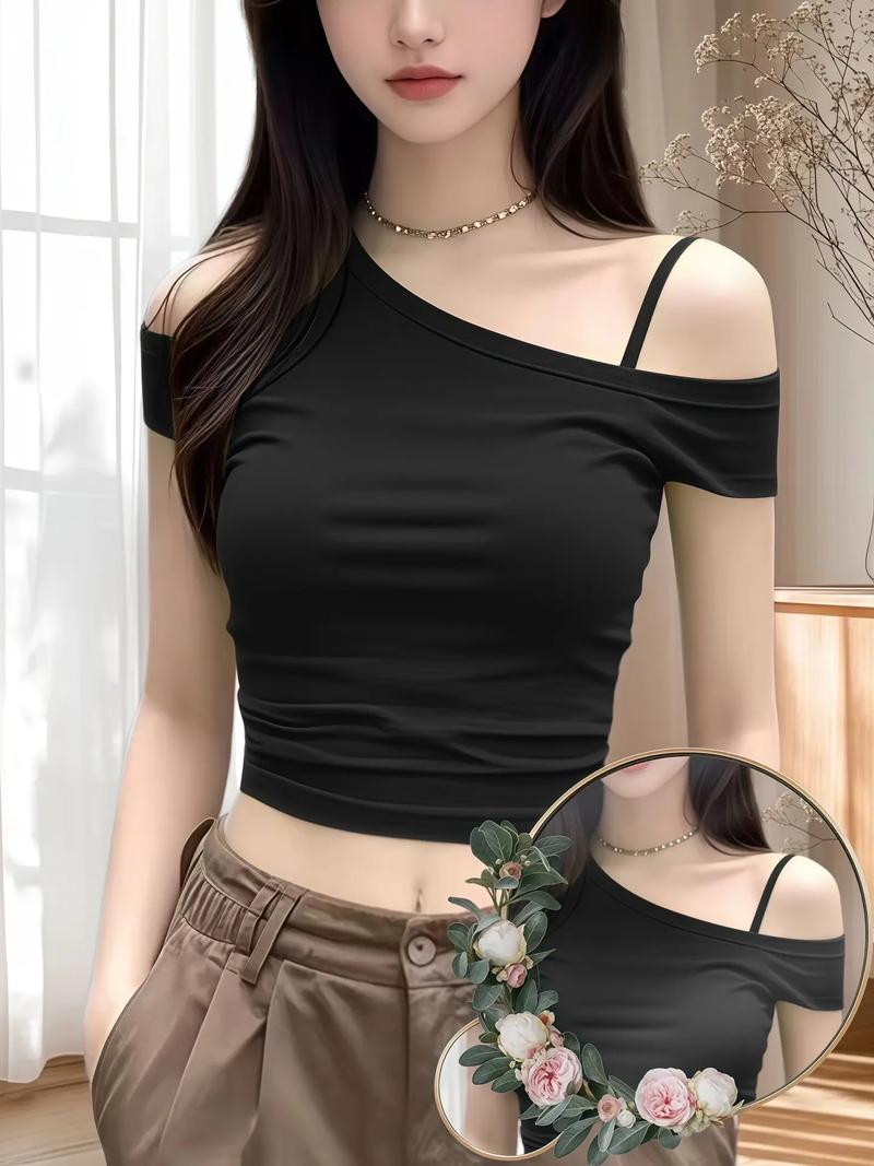 抖音一字肩露后背t恤